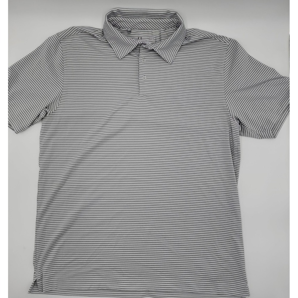 Under Armour Heatgear Golf Polo Shirt Gray Striped Men Size Large #C352